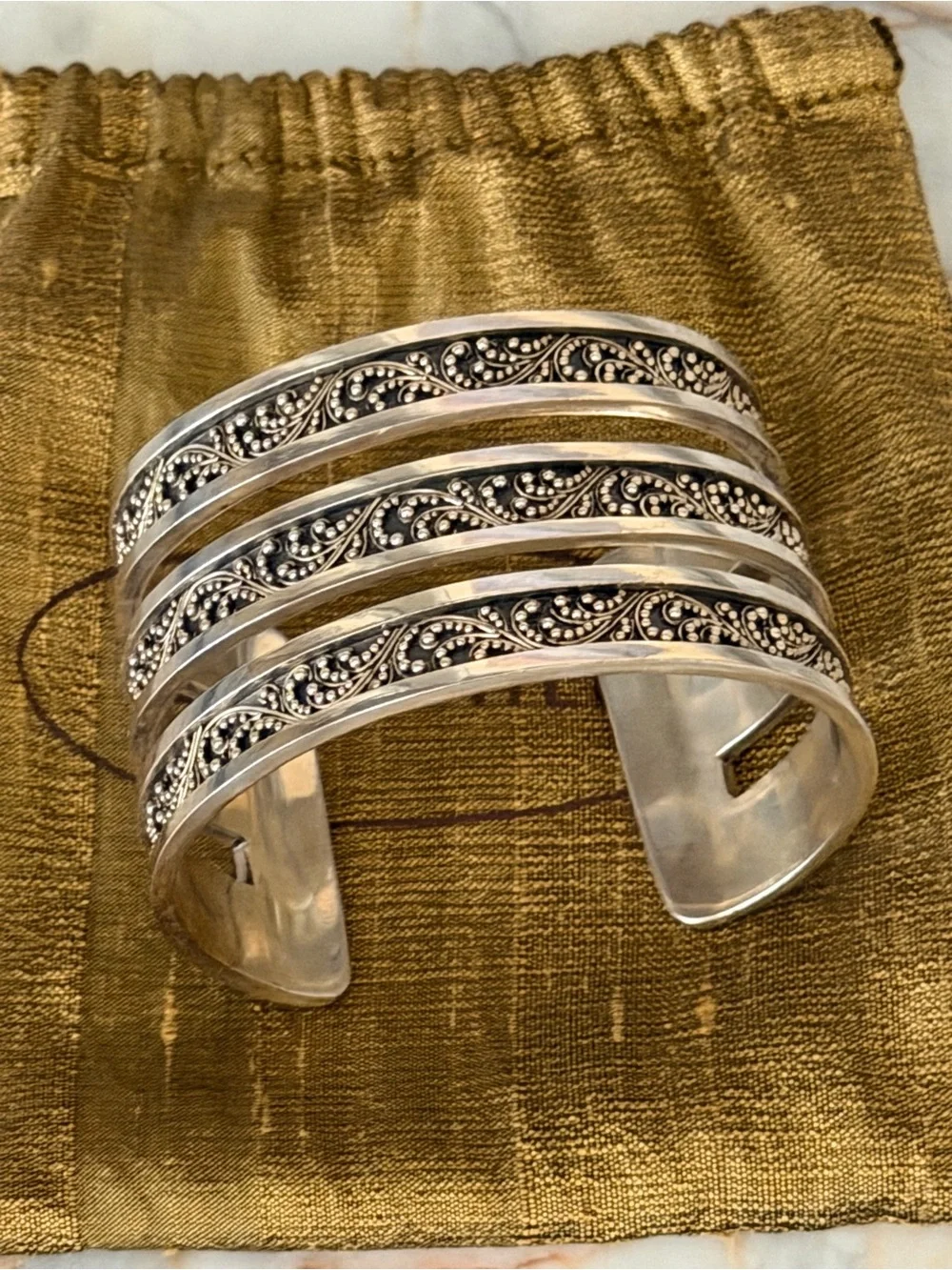 Lois Hill Silver Granulated Scroll Cuff Bracelet - 925 Silver